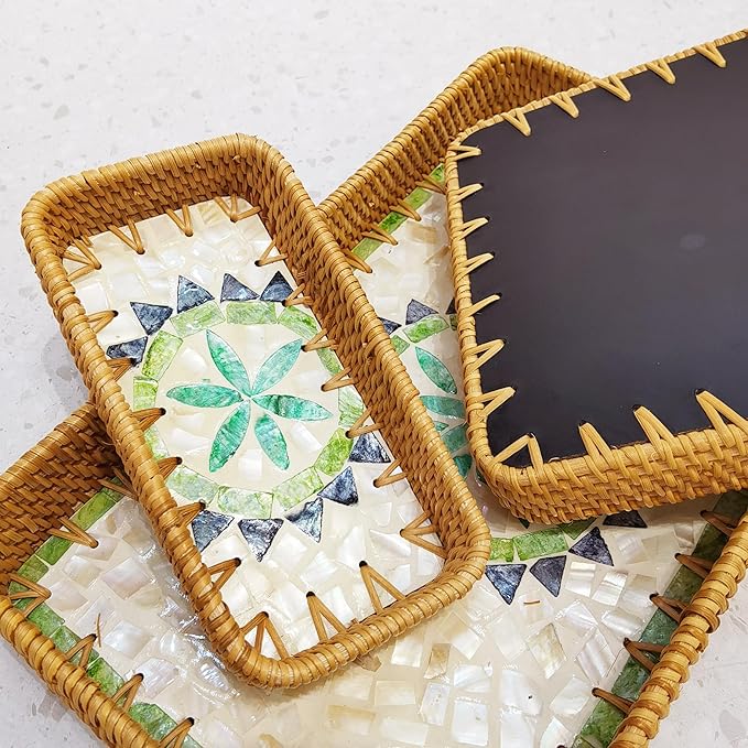 i-lan Set of 3 15" Rectangular Rattan and Mother of Pearl Serving Tray,Boho Rectangule Natural Rattan Woven Trays,Green Triangle Pattern Decorative for Entryway Kitchen Bathroom Counter