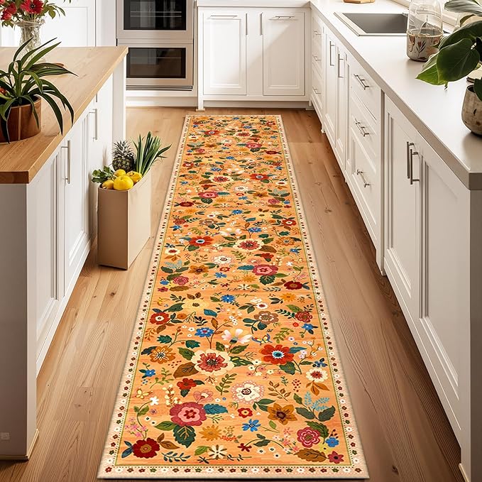 RELEANY Floral Nursery 2x10 Area Rugs Washable Print Boho Cute Carpet Non Slip Flower Low Pile for Living Room Kids Girls Playroom Bedroom Kitchen Office Farmhouse-Yellow/Orange