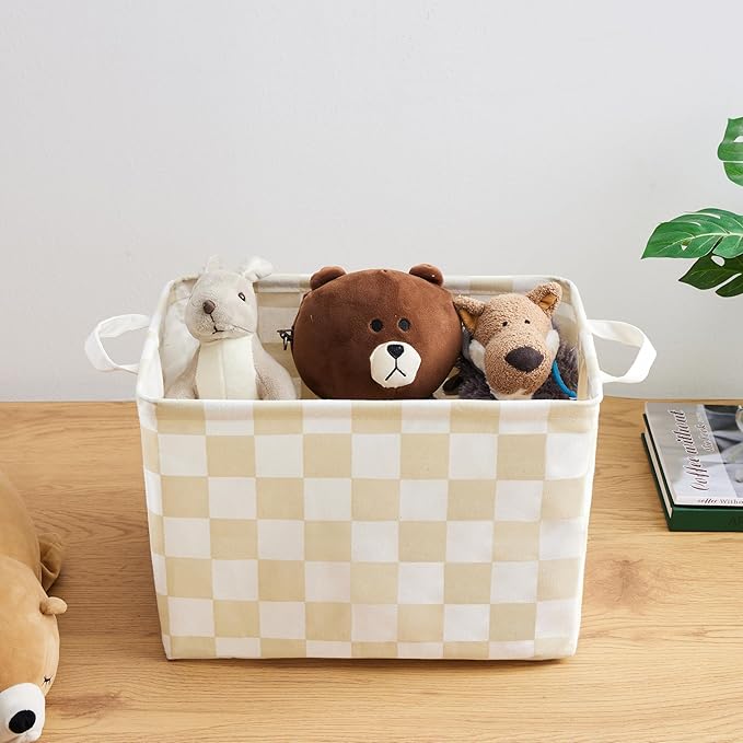 Ohocut Beige White Checkered Canvas Basket, Rectangular Organizing Decorative Storage Basket for Kids Dog Toy, Cute Aesthetic Checkered Room Decor for Home, Kitchen, Bedroom, Classroom, Shelves