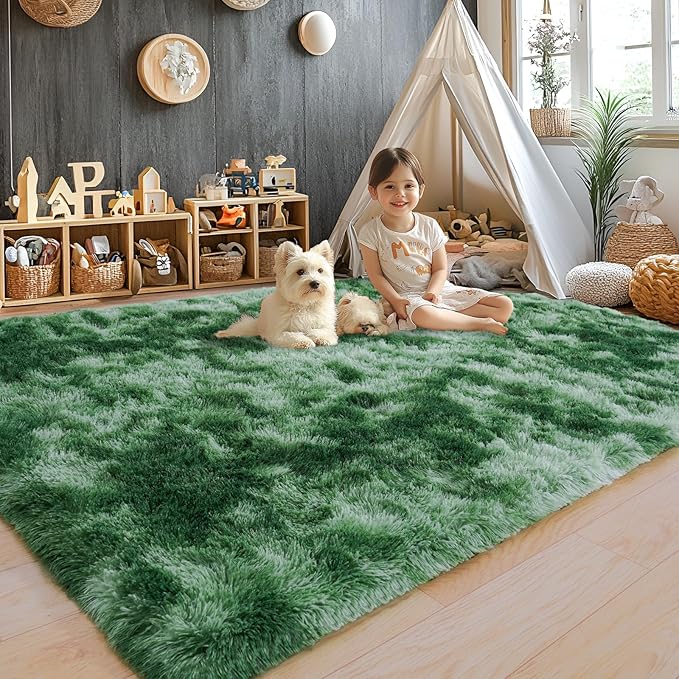 8x10 Area Rugs for Living Room, Ultra Soft Fluffy Large Shaggy Rug Carpet for Bedroom, Non-Slip Fuzzy Plush Rugs for Nursery Boys Girls Kids Room Modern Indoor Home Decor, Tie-Dyed Green