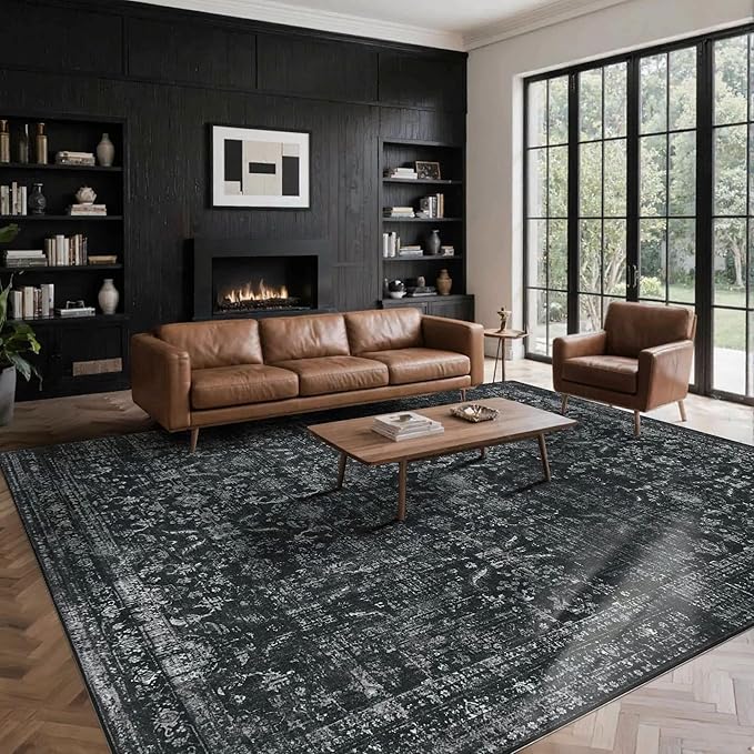 Rugxara 8x10 Area Rugs for Living Room Bedroom, Large Washable Rug, Black Vintage Floral Boho Rug, Non Slip & Low Pile Faux Wool Thin Carpet for Indoor Dining Room and Kids Room(Black 8x10ft)