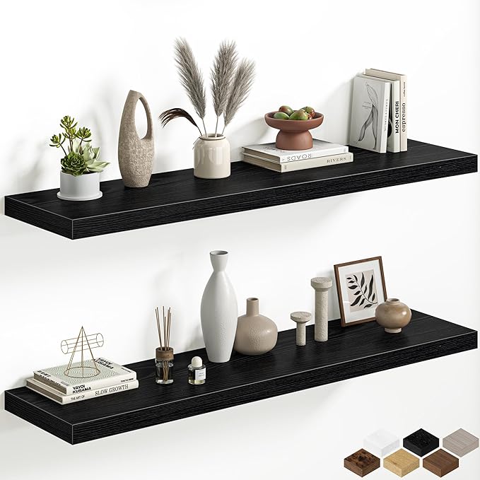 Fun Memories 48 Inch Floating Shelves, 12 Inch Deep Wall Shelves, 48 x 12 Floating Shelf Set of 2, Black Rustic Wood Floating Shelf Wall Mounted for Large Kitchen Living Room Bedroom Bathroom Storage