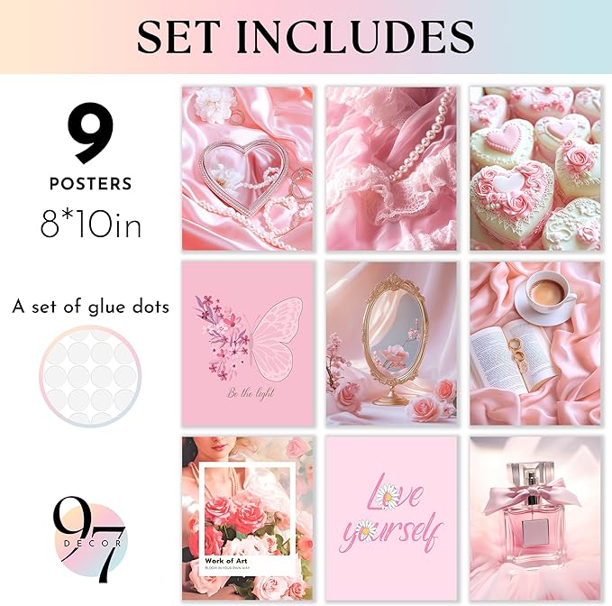 97 Decor Pink Coquette Room Decor Aesthetic - Vintage Wall Decor, Cute Posters for Girls Dorm Decorations, Girly Wall Art Prints Pink Pictures for Bedroom (8x10 Unframed)