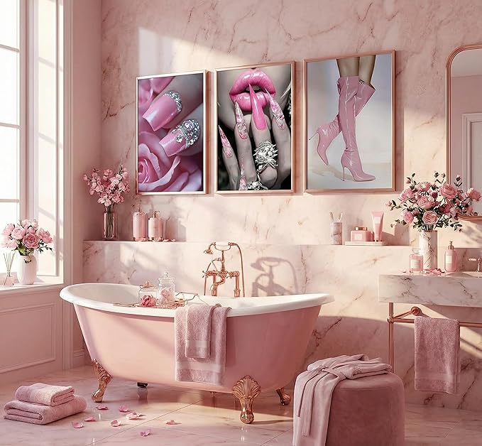 3Pcs Fashion Pink Women Canvas Wall Art Glam Funky Maiden High Heel Posters Prints Paintings Elegant Dreamy Lips Pink Pictures Wall Decor for Living Room Bedroom Home Decoration Unframed