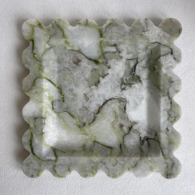 Vintage Natural Marble Tray Small Ornaments Scalloped Tray Handmade Storage Dish for Counter, Vanity, Dresser, Nightstand and Desk (Green Emerald)