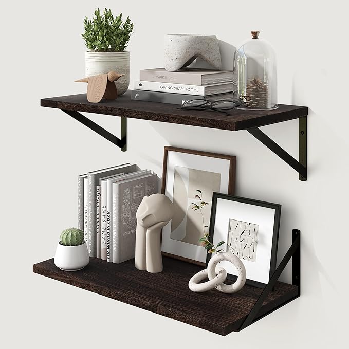 Marsmiles Deep Floating Shelves for Wall - 24 Inch Wide x 12 Inch Deep Wall Shelves Set of 2 - Rustic Wood Floating Shelves for Living Room Bedroom Bathroom