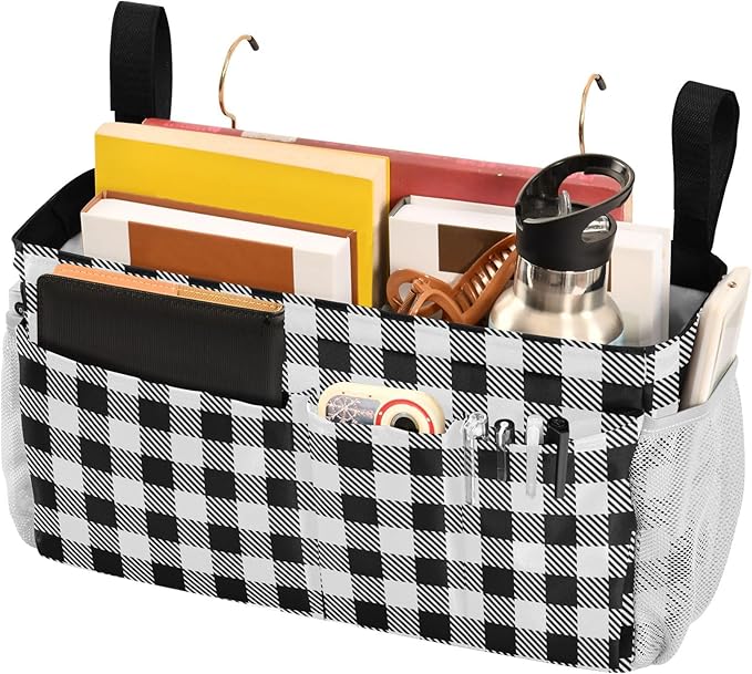 Buffalo Plaid Check Black Print Bedside Caddy Storage Bag Bedside Organizer for Bunk Bed Headboards College Organizer Caddy Hanging Shelf 6 Pockets with Hooks for Drinks Magazine Phone Holder