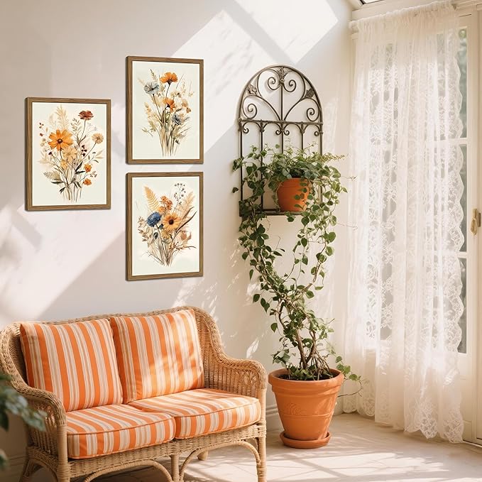 Vintage Wildflower Framed Canvas Wall Art Set of 3 – Rustic Botanical Floral Pictures Prints for Living Room Bedroom Bathroom, Retro Boho Wall Decor for Home Aesthetic 12x16 inch
