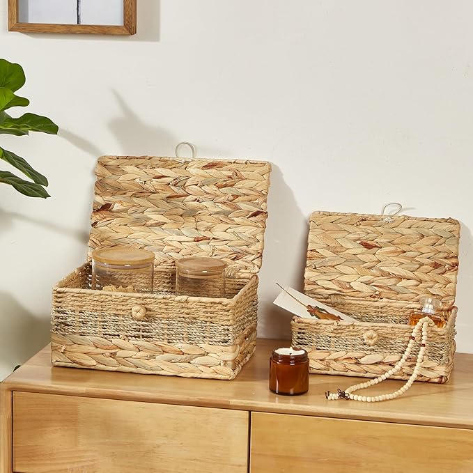 2PCS Wicker Storage Baskets with Lids Decorative Bohemian Handmade Rattan Boxes Natural Water Hyacinth Seagrass Paper Rope Woven Bins Shelf Container Memory Keepsake Photo Makeup Organizer