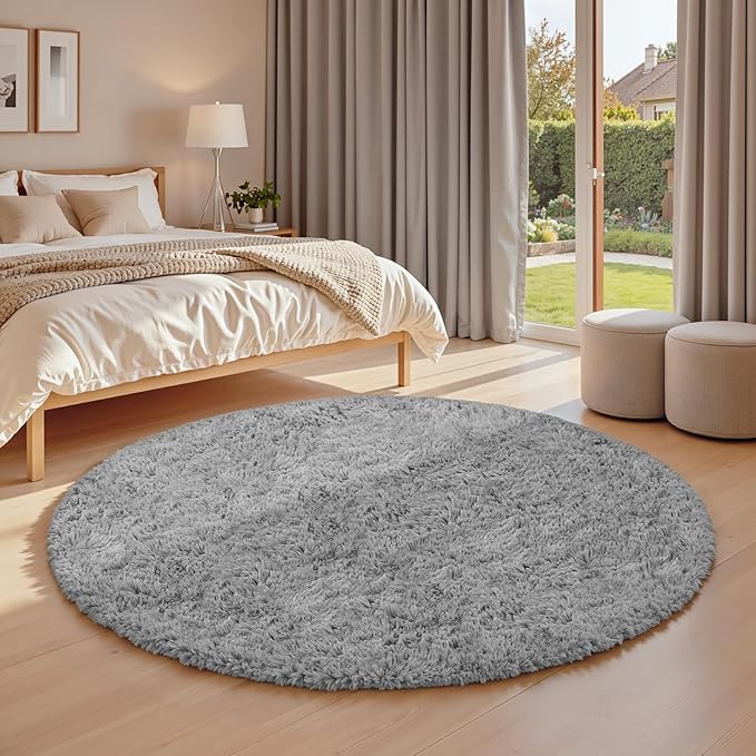 Light Gray Round Fluffy Rug 6ft Plush Fuzzy Shaggy Carpet,Soft Rugs for Living Room for Nursery,Preppy Dorm,Classroom,Playroom,Teen,Baby Home Decor (Light Gray 6"x6")