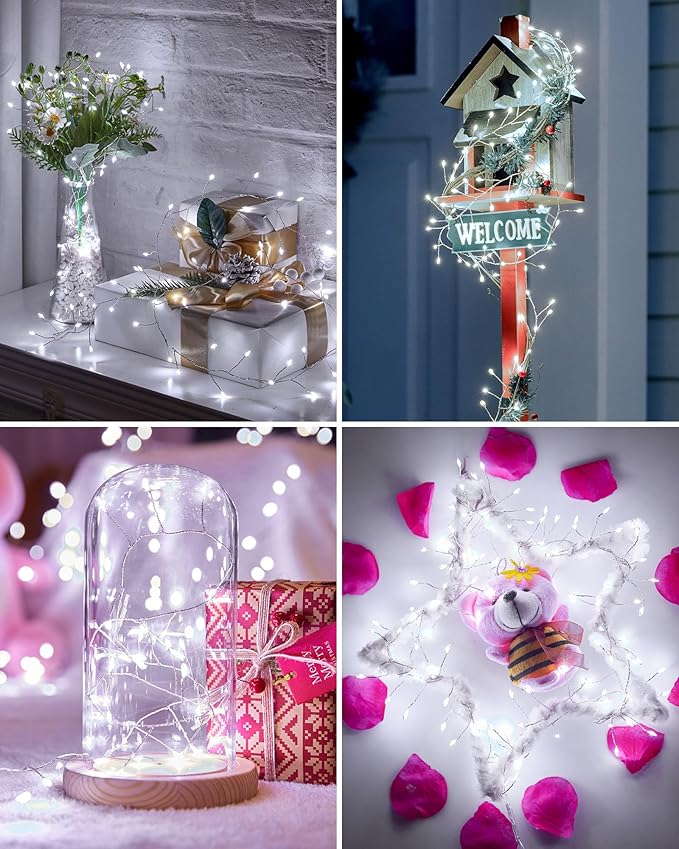 Fairy Lights Battery Operated, 10Feet 120LEDs Firecracker String Lights Waterproof Silver Wire Starry Firefly Light for DIY Wreath Home Wedding Indoor Outdoor Christmas Decorations, Pure White