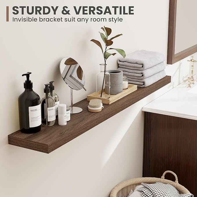 Acovy 24 Inch Floating Shelves, 8 Inch Deep Floating Shelves for Wall, Hanging Shelf with Invisible Brackets, Deep Shelves for Bathroom, Bedroom, Living Room, Walnut, Set of 2