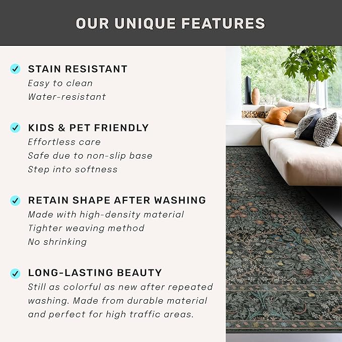 Dark Green 2x8 Runners for Hallways, 8ft Long Floor Runner for Kitchen, Entryway Indoor, Washable Non Skid Rubber Backing Stain Resistant - Vintage Floral Décor