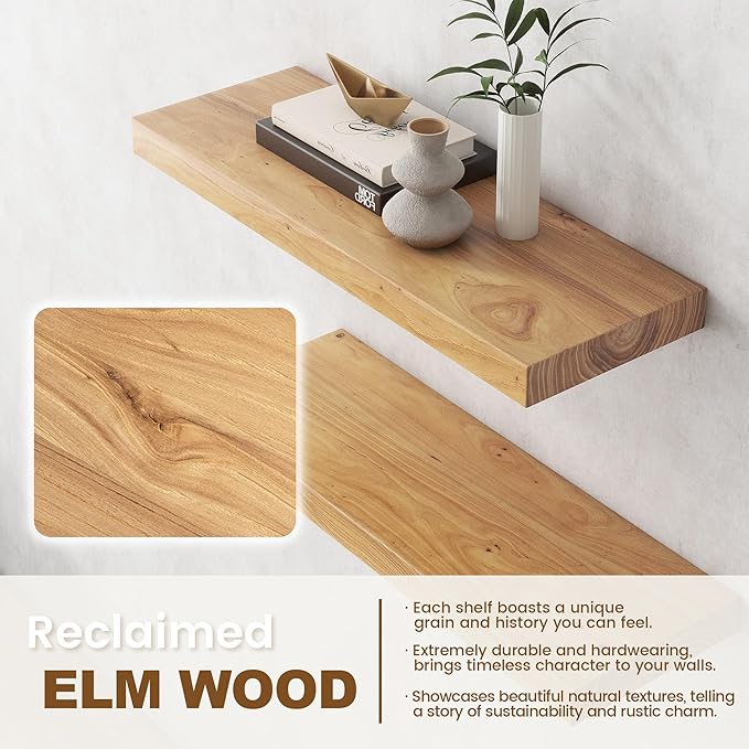 Venusmiles Elm Floating Shelves for Wall Decor, Rustic Solid Wood Shevles Wall Mounted with Invisible Bracket for Living Room Bathroom Bedroom Kitchen, 55 Inch Set of 1, Natural