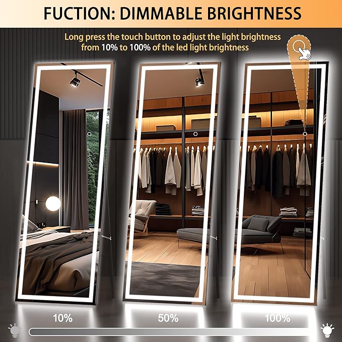Hasipu Full Length Mirror with Lights, 67" x 22" LED Lighted Floor Standing, Full Body Dressing Hanging Mounted Mirror, Tempered Glass, Square Black