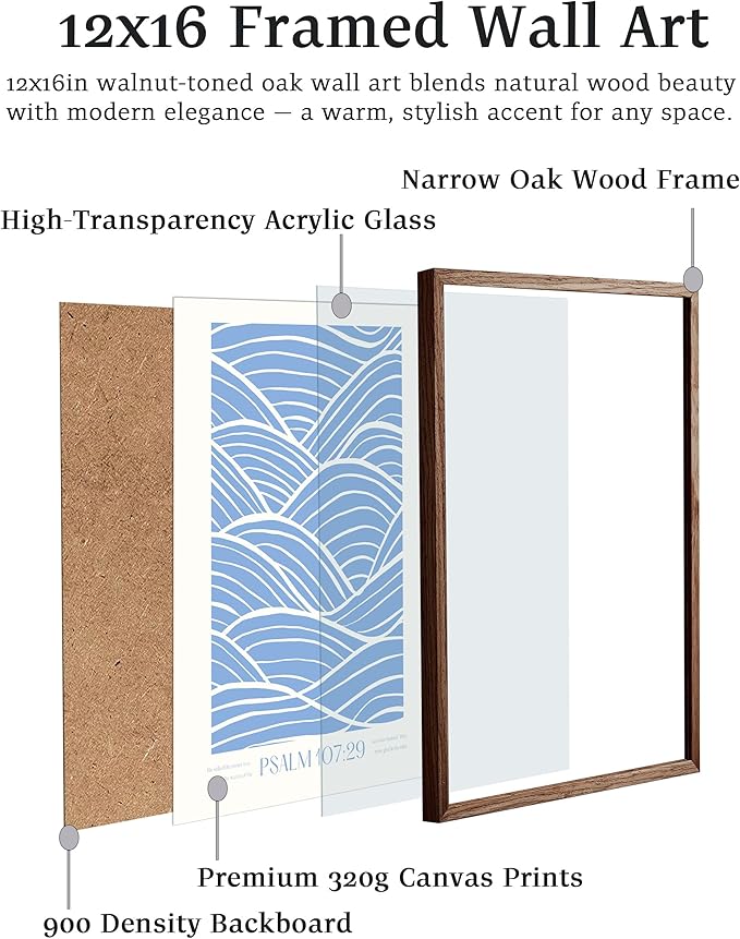 EcoHest Modern Christian Ocean Waves Framed Wall Art, 12x16 in Walnut Color OAK Wood Christian Psalm 107:29 Canvas Wall Art, Beige Logs Storm Home Decor Set of 1 for Bedroom Living Room
