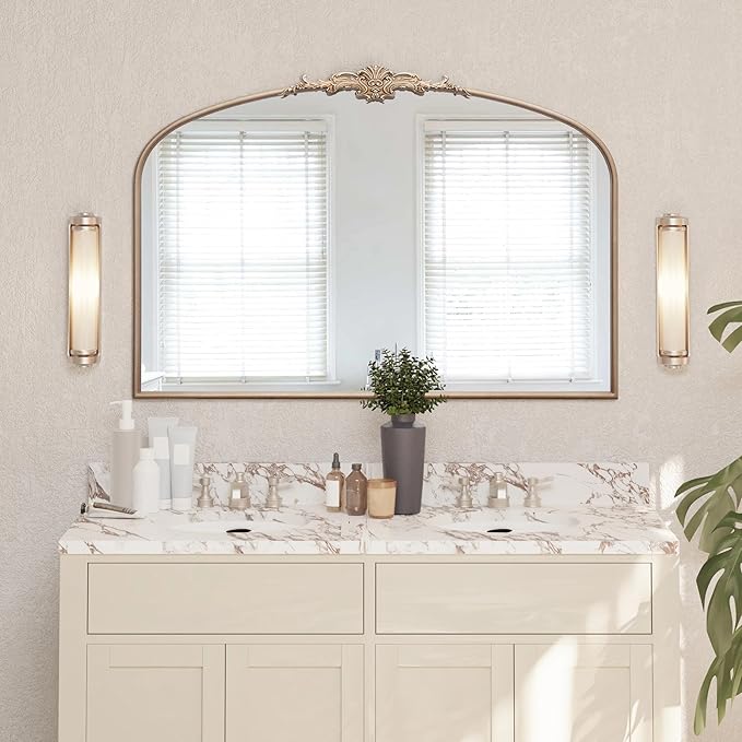 Besdomus Large Arched Vintage Mirror: 48"x33" French Oversize Champagne Gold Antique Wall Mounted Mirror - Baroque Traditional Ornate for Fireplace/Bathroom/Living Room - Home Decor for Housewife