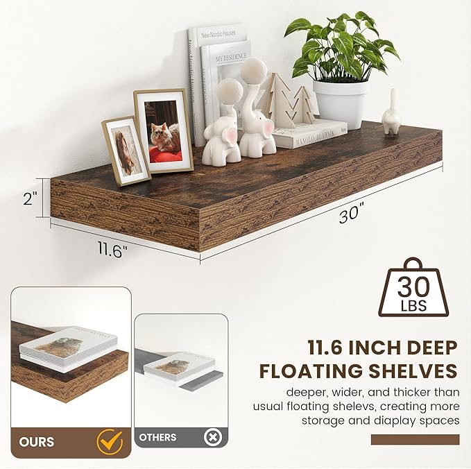 FLYJOE 30 Inch Floating Shelves | 12 Inch Deep Brown Floating Shelves | 30" W x 12" D Rustic Wood Shelves for Wall | Deep Brown Shelves for Living Room Bathroom Laundry Room Kitchen