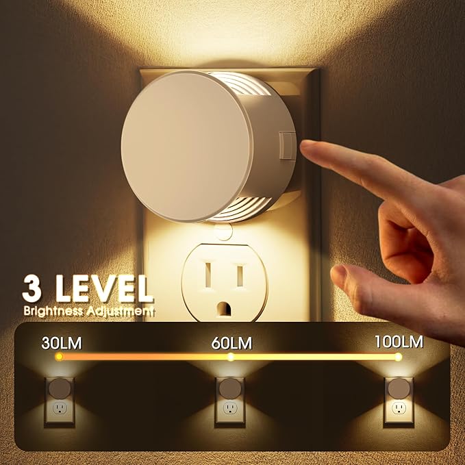 Briignite Night Lights Plug into Wall [2 Pack], White Night Light Dusk to Dawn Sensor Nightlight, Brightness Adjustable 3000K Soft White, Plug in Night Light for Bedroom, Hallway, Stairs, Kitchen