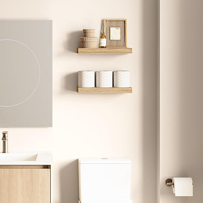 Ballucci Floating Shelves, 16" Wood Wall Shelf Set of 2, Invisible Brackets Floating Shelf Bathroom Wall Decor, Living Room, Bedroom, Kitchen, Nursery, 6" Deep, Natural Oak