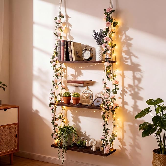 AceOrbit 3 Tier Wall Hanging Shelves with Artificial Ivy Leaves, 15.8"x52" Boho Room Decor Handmade Cotton Rope, Wooden Hanging Storage Floating Shelves for Small Plants, Living Room Bedroom