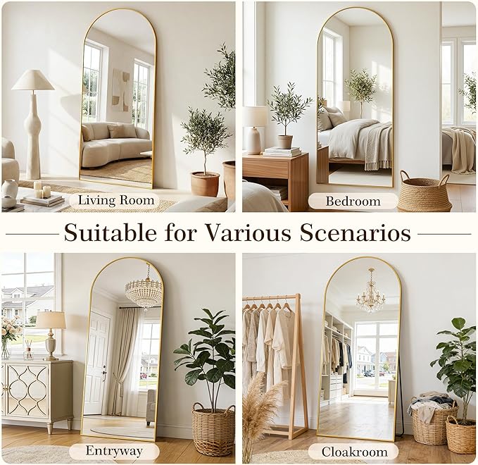 69"x28" Arched Full Length Mirror with Stand, Free Standing Leaning Wall Mounted Aluminum Alloy Frame Mirror for Bedroom Living Room Cloakroom, Gold