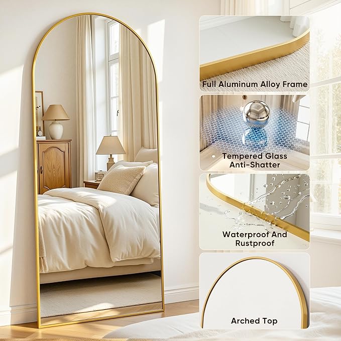 Antok Full Length Mirror, 81"x41" Floor Mirror with Stand, Hanging Mounted Mirrors for Bedroom, Living Room, Cloakroom, Dining Room, Gold, Arched