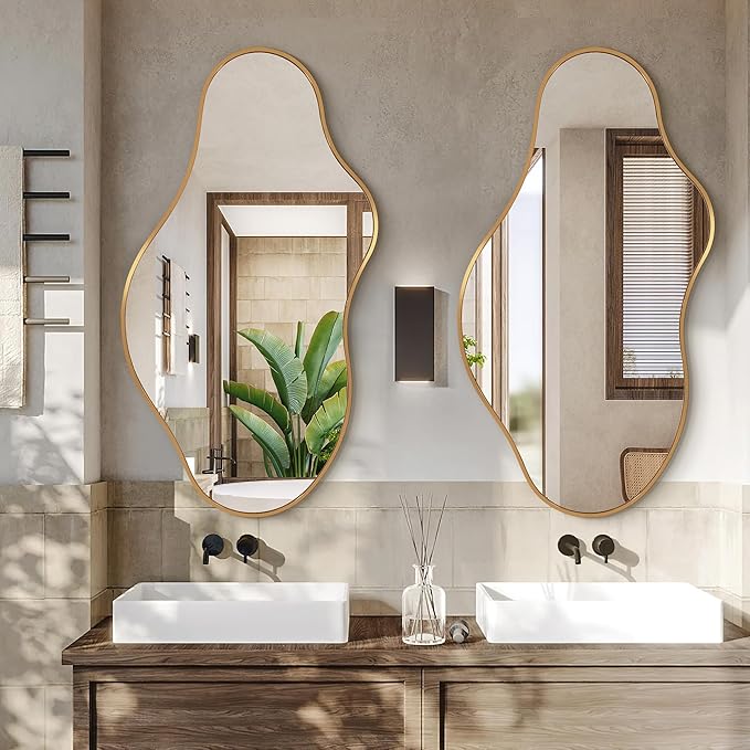 Dorlicecass Bathroom Mirrors for Over Sink - Long Wall Mirrors Decorative 24"x 43" Asymmetrical Abstract Aviation Aluminum Alloy Frame Unique for Bedroom, Living Room, Cloakroom, Entryway Gold