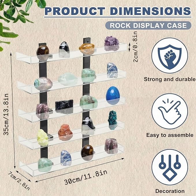 Novabright 5 Layer Rock Display Shelves Clear Acrylic Floating Shelves Wall Organizer for Stone Collection 11.8" Rock Display Stand for Stone Minerals Gemstones Crafts Figure Perfume for Living Room