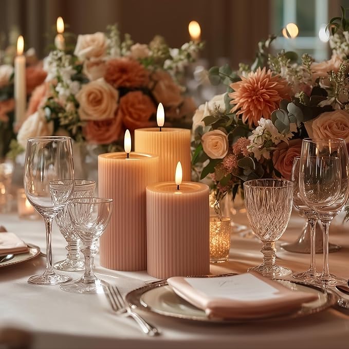 Fluted Ribbed LED Pillar Candles, Blush Beige, with Reflective Melted-Wax Effect – Flickering Flame, Remote, Dimmable, Flameless, Battery Operated, Home & Wedding Decor (Set of 3)