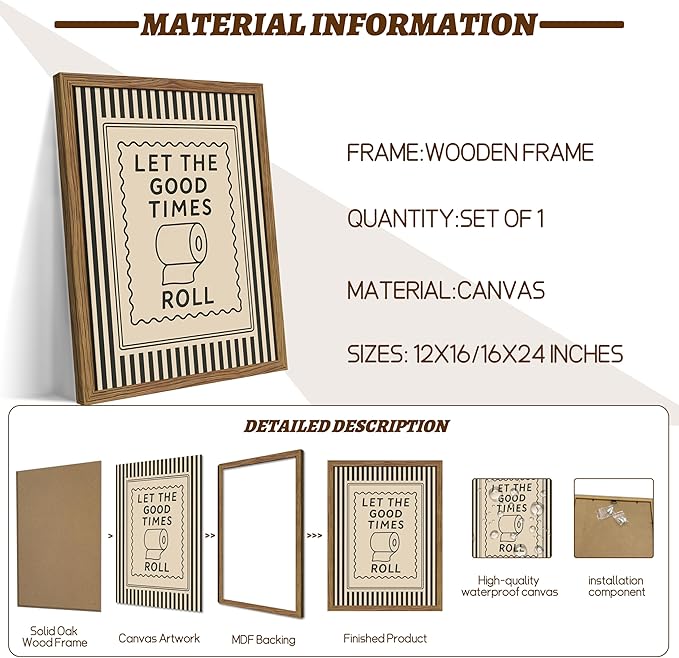 Framed Funny Bathroom Wall Art, Let The Good Times Roll Canvas Wall Decor Painting, Humorous Toilet Quote Artwork Poster Print Picture for Modern Farmhouse Bathroom Decor 12x16 Inch