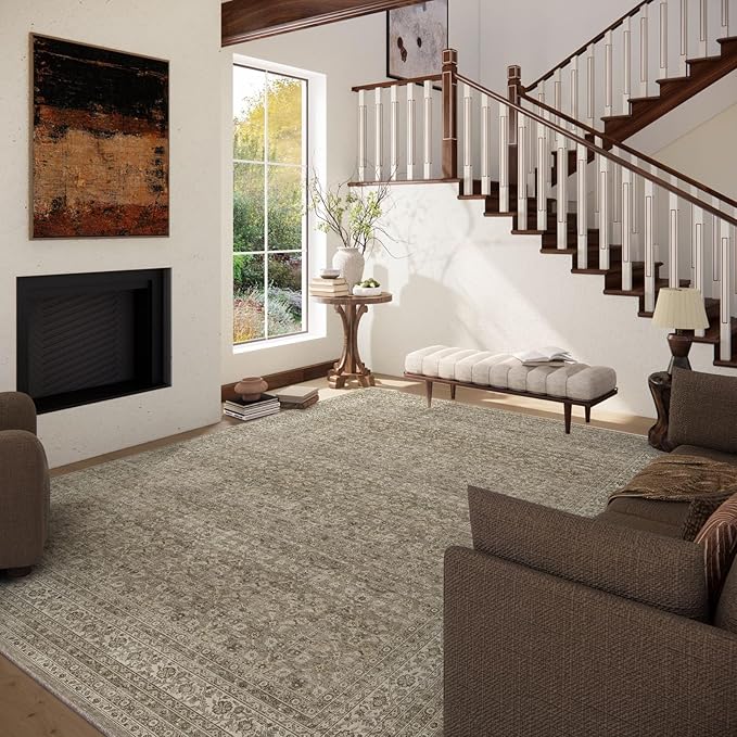 10x12 Area Rugs for Living Room: Large Rugs Washable Stain Resistant Non Slip Distressed Vintage Rug Low Pile Faux Wool Soft Carpet for Bedroom Farmhouse Dining Room Nursery Kids Playroom