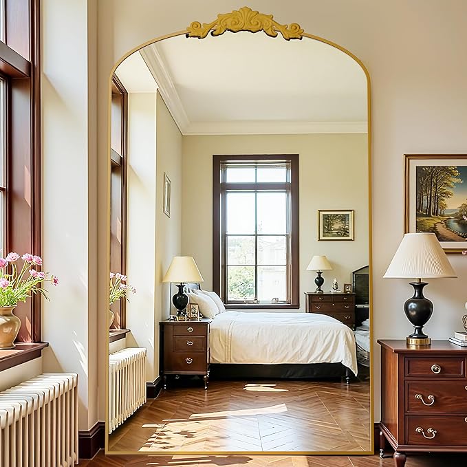 Antok Arched Full Length Mirror, 72"x44" Floor Mirror with Carved, Full Body Mirrors for HomeDecor, Standing/Halling Large Wall Mirror for Bedroom, Living Room, Cloakroom, Gold, Retro Style