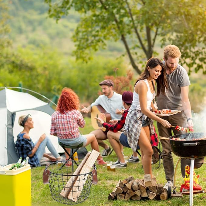 Uonlytech Portable Metal Wire Firewood Storage Basket with Handle Round Outdoor Firewood Organizer for Camping and Indoor Use Large Capacity Multi-purpose Iron Basket for Logs and Sundries
