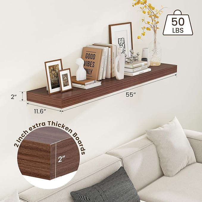 FLYJOE 12 Inch Deep Floating Shelves | 55 Inch Walnut Floating Shelves | 55" W x 12" D Rustic Wood Shelves for Wall | Deep Walnut Shelves for Living Room Bathroom Laundry Room Kitchen