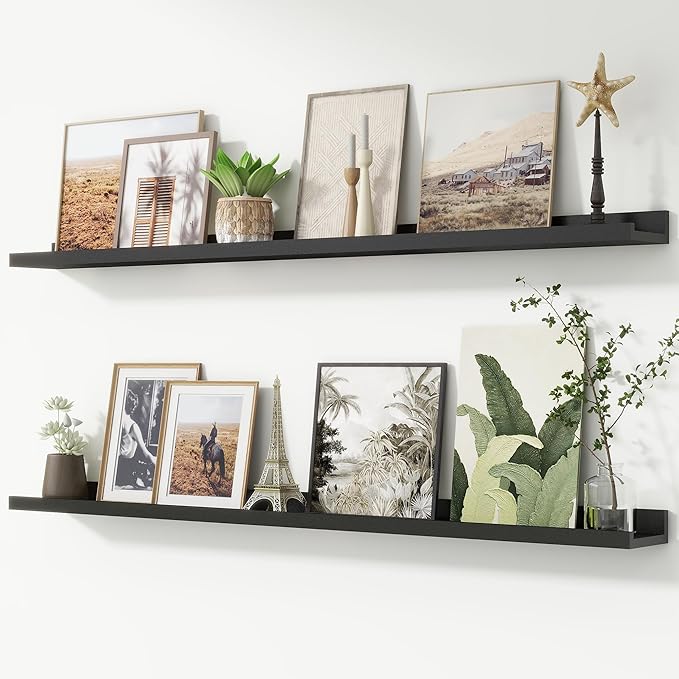 FLYJOE Picture Ledge Shelf, Floating Shelves Set of 2, 52 Inches Nursery Book Shelves for Toys Storage, Kids Bookshelf Wall Mounted for Living Room Bedroom Decor Books Photo Frames, Black
