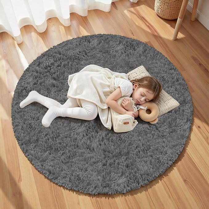 Dark Gray Round Fluffy Rug 5ft Plush Fuzzy Shaggy Carpet,Soft Rugs for Living Room for Nursery,Preppy Dorm,Classroom,Playroom,Teen,Baby Home Decor (Dark Gray 5"x5")