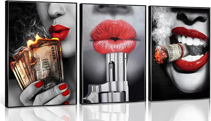 3pcs American Girl Money Wall Art Women Red Lips High Fashion Canvas Prints Posters Trend Black and White Wall Decor Beauty Fashion Abstract Paintings Suitable for Bedroom Living Room Bar Cart Restaurant Wall Decor Unframed