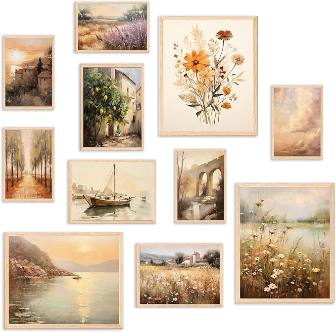 KBKBART 11pcs Vintage Wall Art Prints, Neutral French Country Decor, Vintage Landscape Canvas Paintings, Italian Countryside Autumn Wildflower Decor Poster Pictures for Bedroom-UNFRAMED