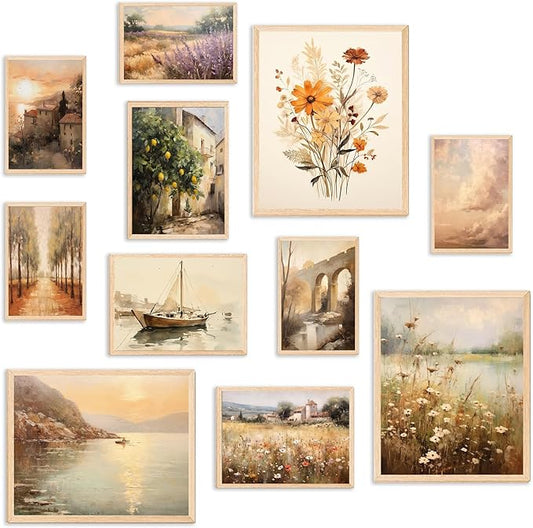 KBKBART 11pcs Vintage Wall Art Prints, Neutral French Country Decor, Vintage Landscape Canvas Paintings, Italian Countryside Autumn Wildflower Decor Poster Pictures for Bedroom-UNFRAMED