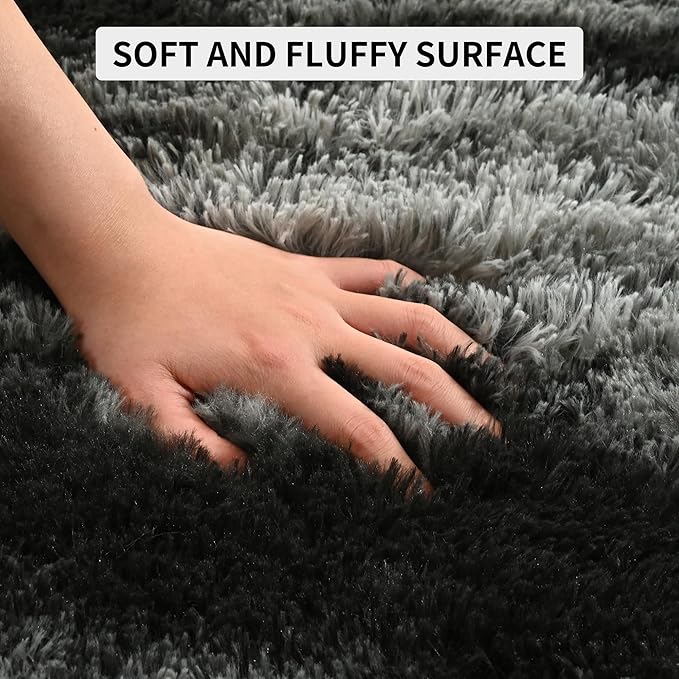 Tepook Fluffy Large Rugs for Living Room, 8x10 Area Rugs for Bedroom, Modern Shag Fuzzy Carpets for Kids Boys Girls, Plush Indoor Nursery Home Decor Rug with Non-Slip Bottom, Black Grey