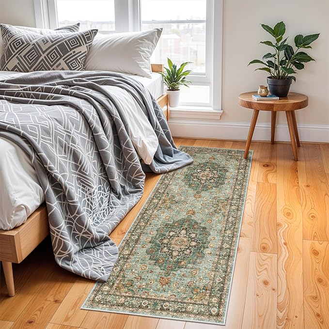 Washable Oriental Hallway Runner Rug - 2x6 Rugs for Living Room Soft Carpet for Bedroom Kitchen Waterproof Floral Distressed Indoor Stain Resistant Non-Shedding Floor Carpets (Green, 2X6)