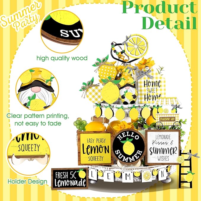 Bucherry 19 Pcs Summer Lemon Tiered Tray Decor Set Farmhouse Wood Summer Table Decorations Rustic Wooden Table Signs Tiered Tray Decor for Home Kitchen Shelf Tabletop
