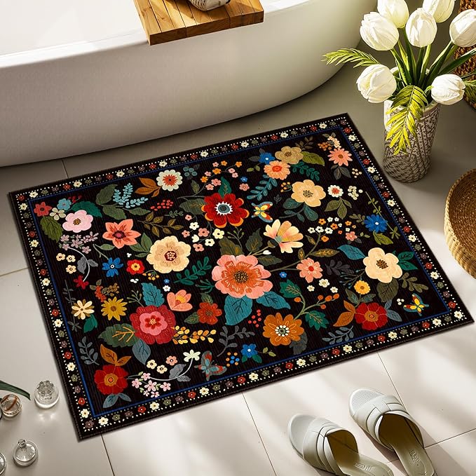 RELEANY Floral Nursery 2x3 Area Rugs Washable Print Boho Cute Carpet Non Slip Flower Low Pile for Living Room Kids Girls Playroom Bedroom Kitchen Office Farmhouse-Black