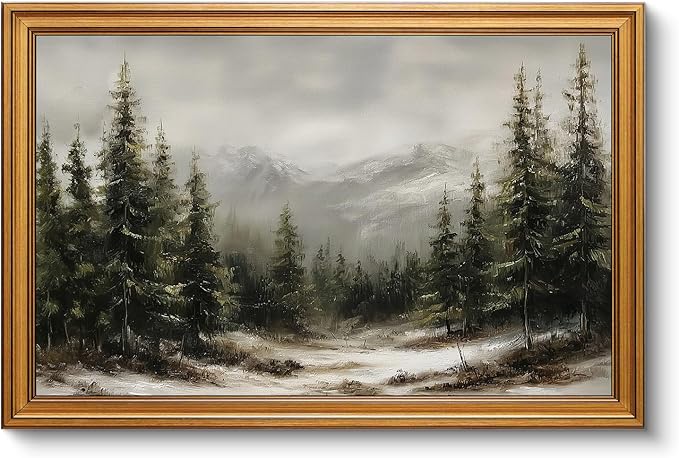 InSimSea Gold Framed Christmas Wall Art, Vintage Canvas Prints Decor, Winter Pine Forest Snowy Paintings Large Wall Decor, Rustic Pictures for Winter Xmas Holiday Decoration Gifts, 16x24inch