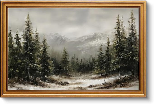 InSimSea Gold Framed Christmas Wall Art, Vintage Canvas Prints Decor, Winter Pine Forest Snowy Paintings Large Wall Decor, Rustic Pictures for Winter Xmas Holiday Decoration Gifts, 16x24inch