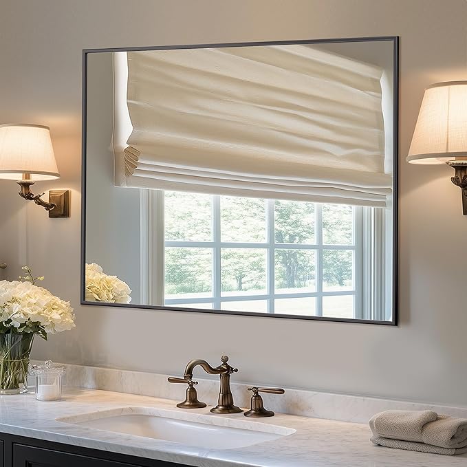Antok 40x32 Black Metal Framed Bathroom Mirror, Wall Mirror with Rect Corners, Vanity Mirror for Over Sink, Anti-Rust Tempered Glass, Horizontal/Vertical Hanging for Bathroom, Living Room, Entryway