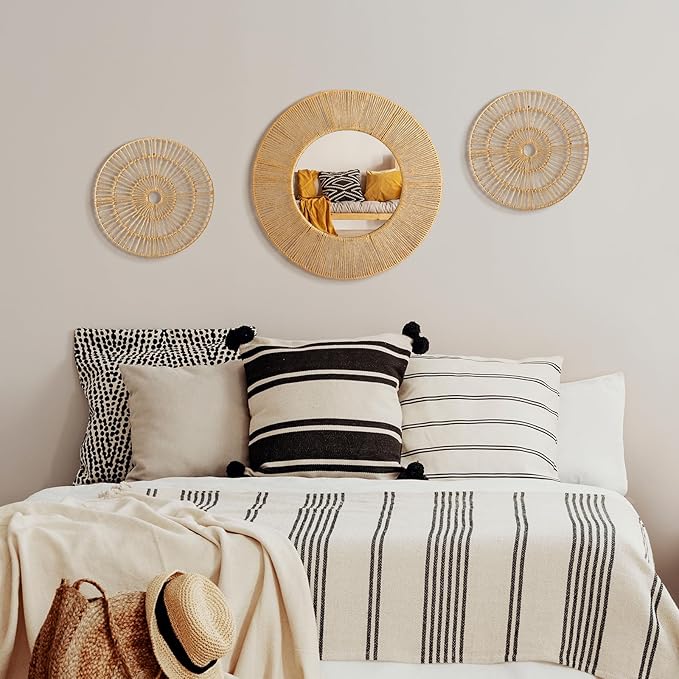 Yerliker 3 Pcs Boho Mirror Wall Decor, Natural Jute Woven Round Mirror, 19.7" Large Decorative Mirrors with 2 Wall Art Plaques, Rustic Farmhouse Coastal Decor for Bathroom Bedroom Living Room Entryway