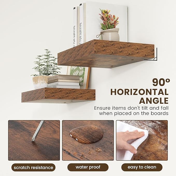 FLYJOE 12 Inch Deep Floating Shelves | 16 Inch Brown Floating Shelves Set of 2 | 16W x 12D Rustic Shelves for Wall | Deep Wood Shelves for Living Room Bathroom Kitchen Bedroom