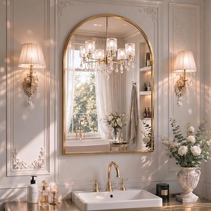 20"x30" Arched Gold Bathroom Mirror – Metal Framed with HD Shatter-Proof Glass, Wall-Mounted for Over Sink, Entryway, Living Room, Bedroom